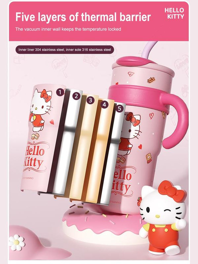 Sanrio Hello Kitty 40 oz Stainless Steel Thermal Tumbler – Vacuum Insulated Water Bottle with Handle & Straw
