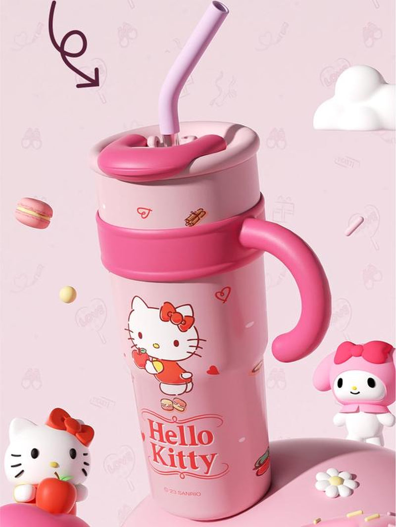 Sanrio Hello Kitty 40 oz Stainless Steel Thermal Tumbler – Vacuum Insulated Water Bottle with Handle & Straw