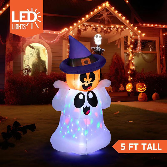 5 FT Tall Halloween Inflatable Outdoor Decoration, Inflatable Yard Decoration Ghost with Colorful LED Lights, Inflatable Ghost with Pumpkin Witch Hat, Suitable for Outdoor Decoration Ornaments Tiktokshopbacktoschool